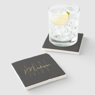 Posavasos De Piedra Nombre de monograma moderno en negro y oro