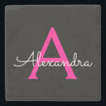 Posavasos De Piedra Nombre del Monograma de Giro del Guión Negro Calie<br><div class="desc">Mosaico de piedra con nombre de monograma sencillo negro y rosado caliente. Esto hace que la graduación perfecta,  dulce cumpleaños de 16 años,  boda,  ducha de novia,  aniversario,  ducha de bebé o fiesta de soltera sea un regalo para alguien que ama el lujo glam y los estilos de moda.</div>