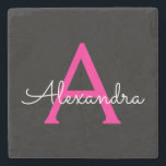 Posavasos De Piedra Nombre del Monograma de Giro del Guión Negro Calie<br><div class="desc">Mosaico de piedra con nombre de monograma sencillo negro y rosado caliente. Esto hace que la graduación perfecta,  dulce cumpleaños de 16 años,  boda,  ducha de novia,  aniversario,  ducha de bebé o fiesta de soltera sea un regalo para alguien que ama el lujo glam y los estilos de moda.</div>