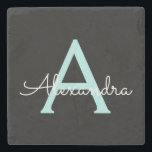Posavasos De Piedra Nombre del Monograma de la Girona del Guión Azul V<br><div class="desc">Color negro y Aqua azul Verde azulado Sencillo guión Monograma Nombre Piedra Tile. Esto hace que la graduación perfecta, dulce cumpleaños de 16 años, boda, ducha de novia, aniversario, ducha de bebé o fiesta de soltera sea un regalo para alguien que ama el lujo glam y los estilos de moda....</div>