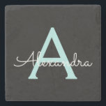 Posavasos De Piedra Nombre del Monograma de la Girona del Guión Azul V<br><div class="desc">Color negro y Aqua azul Verde azulado Sencillo guión Monograma Nombre Piedra Tile. Esto hace que la graduación perfecta, dulce cumpleaños de 16 años, boda, ducha de novia, aniversario, ducha de bebé o fiesta de soltera sea un regalo para alguien que ama el lujo glam y los estilos de moda....</div>