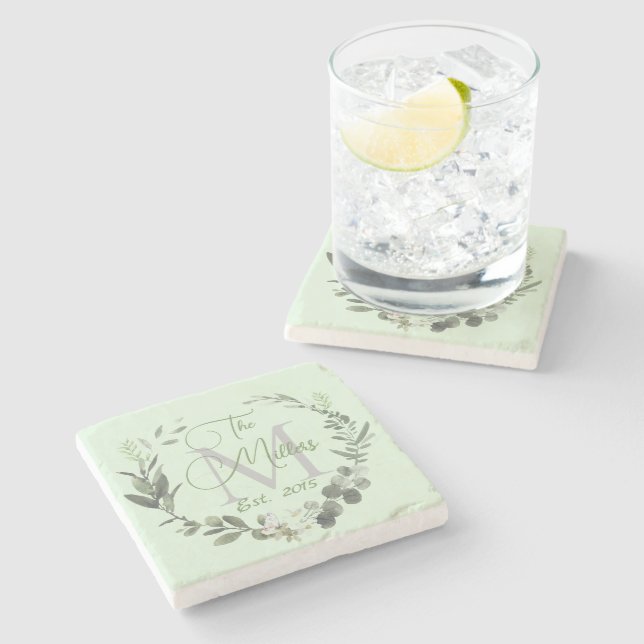 Posavasos De Piedra Nombre familiar Monograma acuarela botánica (Lateral)