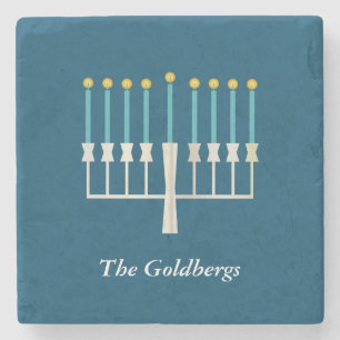 Posavasos De Piedra Nombre familiar personalizado Hanukkah Menorah Blu