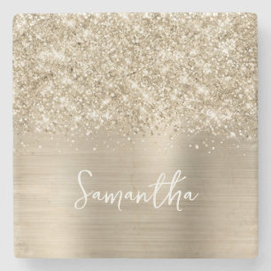 Posavasos De Piedra Nombre Glam Glittery Pale Gold