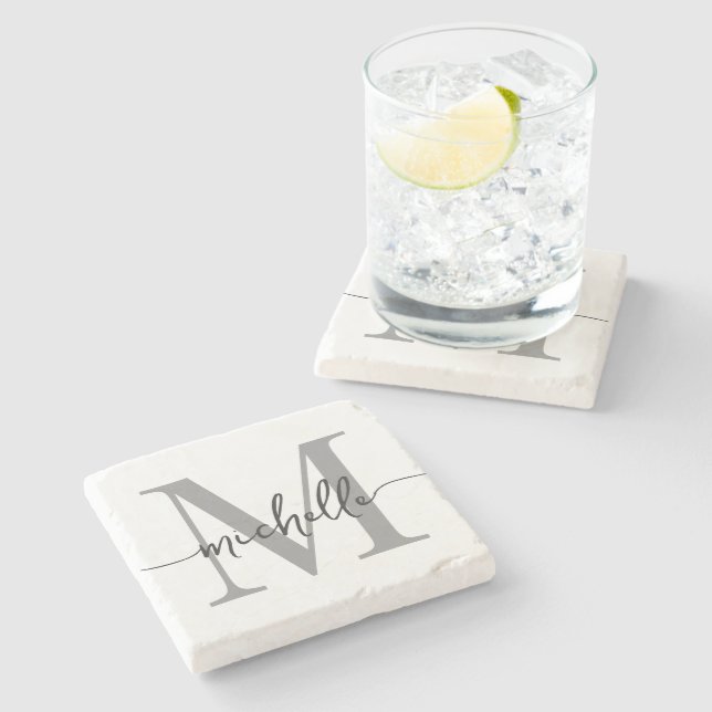 Posavasos De Piedra Nombre moderno de monograma gris blanco elegante e (Lateral)