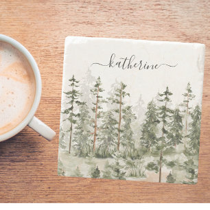 Posavasos De Piedra Nombre Personalizado Bosque de Pino Verde Rústico 