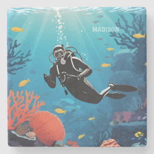 Posavasos De Piedra Nombre personalizado Buceador Scuba
