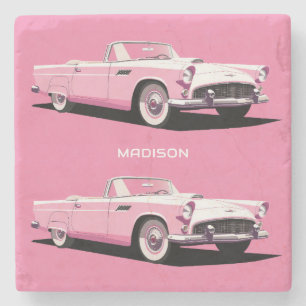 Posavasos De Piedra Nombre personalizado Coche clásico rosado