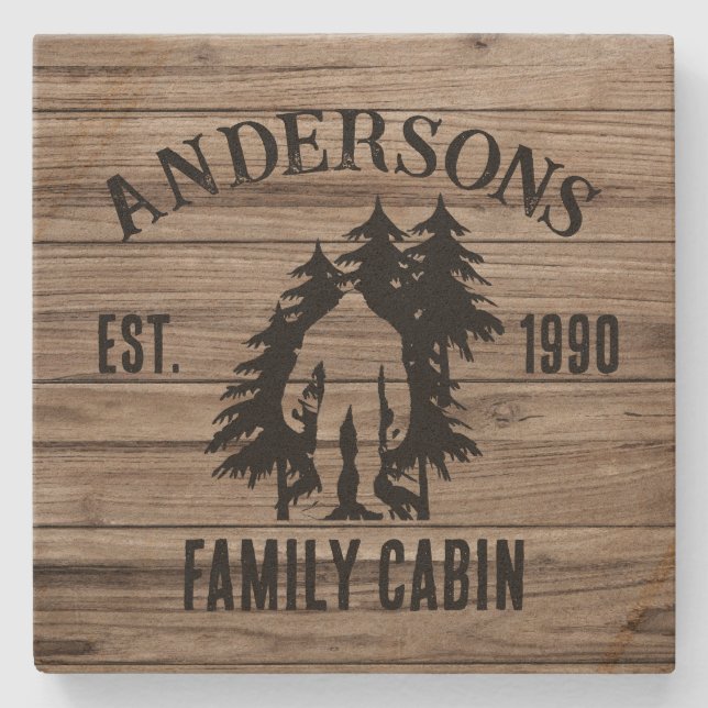 Posavasos De Piedra Nombre personalizado de la familia de madera rústi (Anverso)