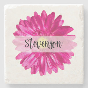 Posavasos De Piedra Nombre personalizado de la margarita rosada de bon