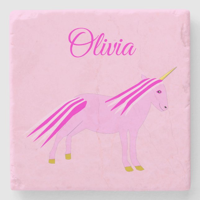 Posavasos De Piedra Nombre personalizado de Unicorn para bebé rosa de  (Anverso)