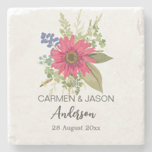 Posavasos De Piedra Nombre personalizado del Boda de Bouquet floral