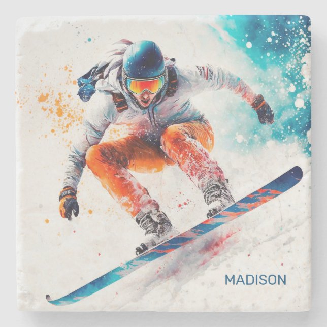 Posavasos De Piedra Nombre personalizado Ilustracion Snowboarder (Anverso)