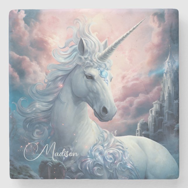 Posavasos De Piedra Nombre personalizado lindo unicornio (Anverso)