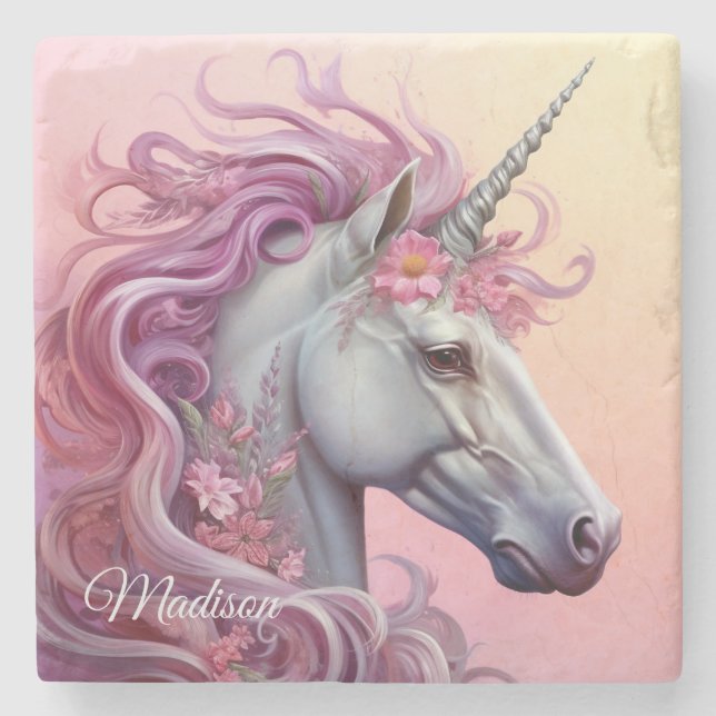 Posavasos De Piedra Nombre personalizado lindo unicornio (Anverso)