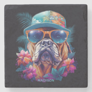 Posavasos De Piedra Nombre personalizado Perro de vacaciones tropical