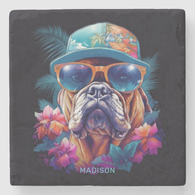Posavasos De Piedra Nombre personalizado Perro de vacaciones tropical (Anverso)