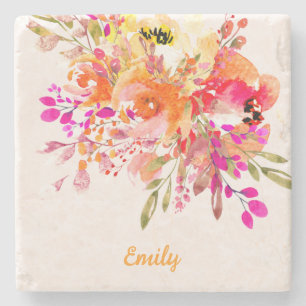 Posavasos De Piedra Nombre personalizado romántico floral brillante