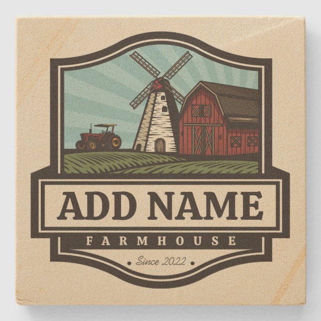 Posavasos De Piedra NOMBRE Personalizado Rústico Farmhouse Old Windmil (Anverso)