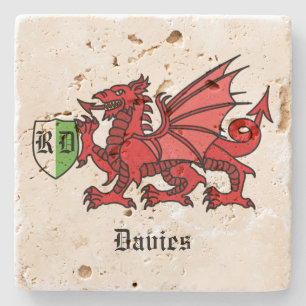 Posavasos De Piedra Nombre personalizado y monograma del dragón galés