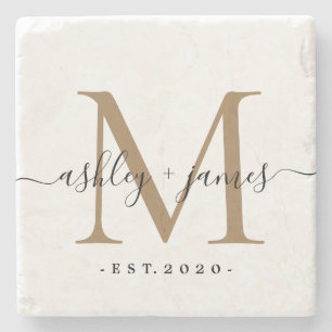 Posavasos De Piedra Nombres con guión de monograma de oro chic fecha d