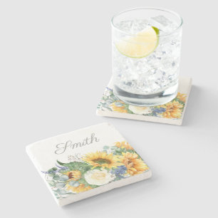 Posavasos De Piedra Nombres con letra elegante de girasoles 