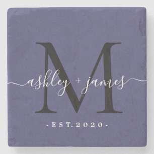 Posavasos De Piedra Nombres con Monograma Chic en Letra Script Fecha d