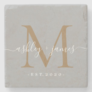 Posavasos De Piedra Nombres de monograma de oro chic con fecha de boda