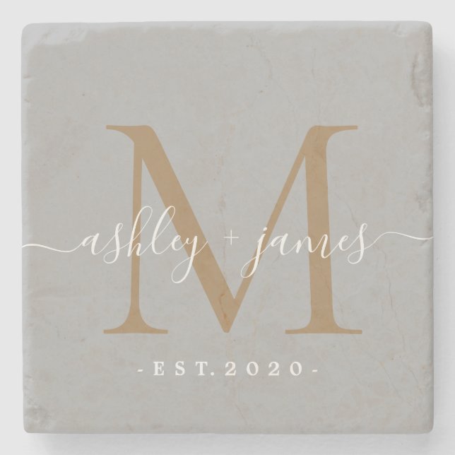 Posavasos De Piedra Nombres de Monograma Dorado Chic Fecha de Boda en  (Anverso)