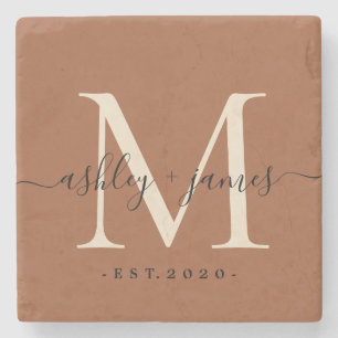 Posavasos De Piedra Nombres Fecha de Boda Monograma Chic en Guión Terr