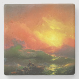 Posavasos De Piedra Novena Ola (mar de tormenta con atardecer rojo)