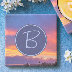 Posavasos De Piedra Nubes azules rosadas naranjas Puesta de sol Monogr