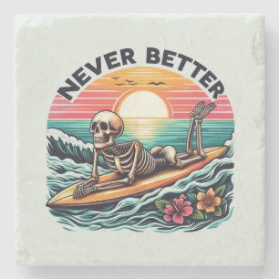 Posavasos De Piedra Nunca Mejor - Skeleton Surfing Sunset Wave Design