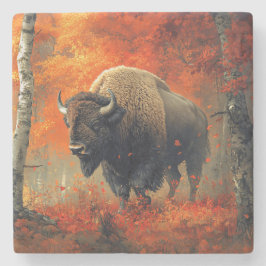Posavasos De Piedra Obra artística de Bison in the Autumn Woods