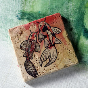 Posavasos De Piedra Obras de arte de peces de Koi Pond