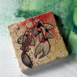 Posavasos De Piedra Obras de arte de peces de Koi Pond