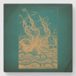 Posavasos De Piedra Octopus gigante atacando barco Verde azulado antig
