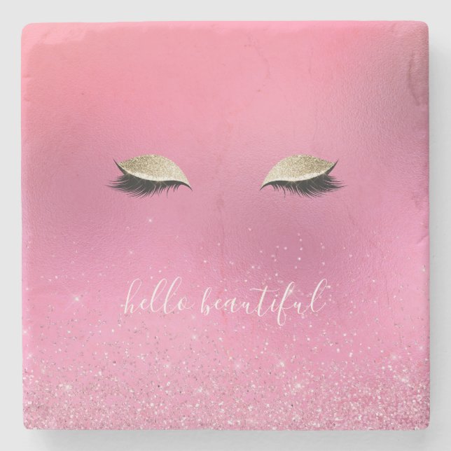 Posavasos De Piedra Ojos glitzy rosados dorados (Anverso)