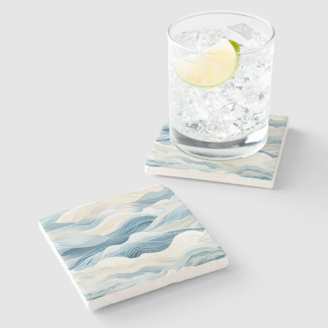 Posavasos De Piedra Olas de arena azul crema marina (Lateral)