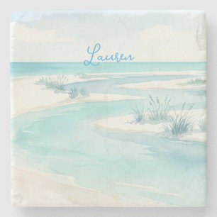 Posavasos De Piedra olas de playa de acuarela azul pastel nombre edita