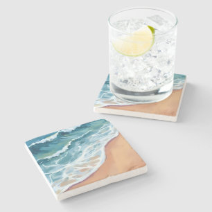 Posavasos De Piedra Olas del Océano Azul Acuarela
