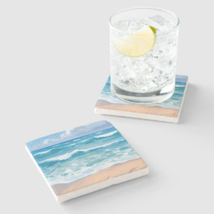 Posavasos De Piedra Olas del Océano Azul   Arte en Acuarela de Agua de