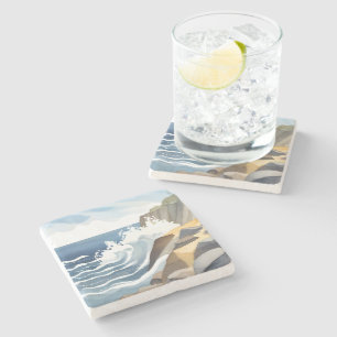 Posavasos De Piedra Olas que rompen   Acuarela de costa rocosa