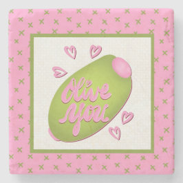 Posavasos De Piedra Olive Me Loves Olive You Retro Pink Olive Pattern