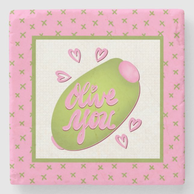 Posavasos De Piedra Olive Me Loves Olive You Retro Pink Olive Pattern (Anverso)