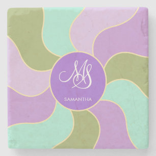 Posavasos De Piedra Ondas de sol Retro Verde Morado Monogramado Elegan
