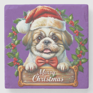 Posavasos De Piedra Ornamento navideño de perro lindo - Feliz Navidad
