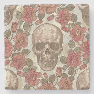 Posavasos De Piedra Ornamento retro de cráneos y Rosas