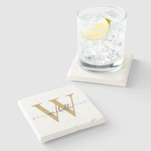 Posavasos De Piedra Oro Blanco Moderno con Nombre de Monograma Persona