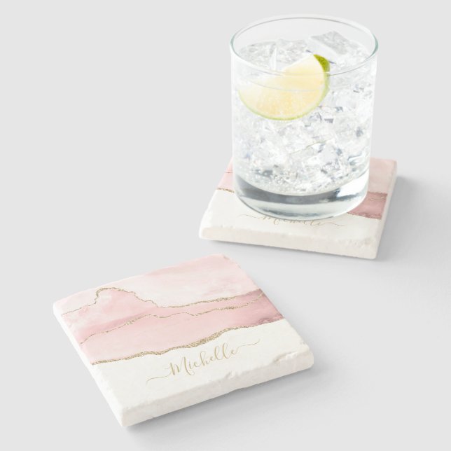 Posavasos De Piedra oro de escritura elegante y agato de rubor (Lateral)